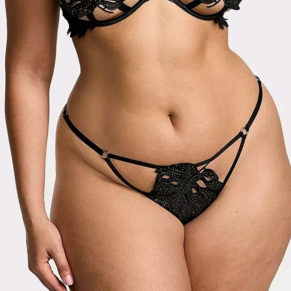 VICTORIA'S SECRET VERY SEXY TROPICAL LEAF V-STRING THONG PANTY L BLACK NWT